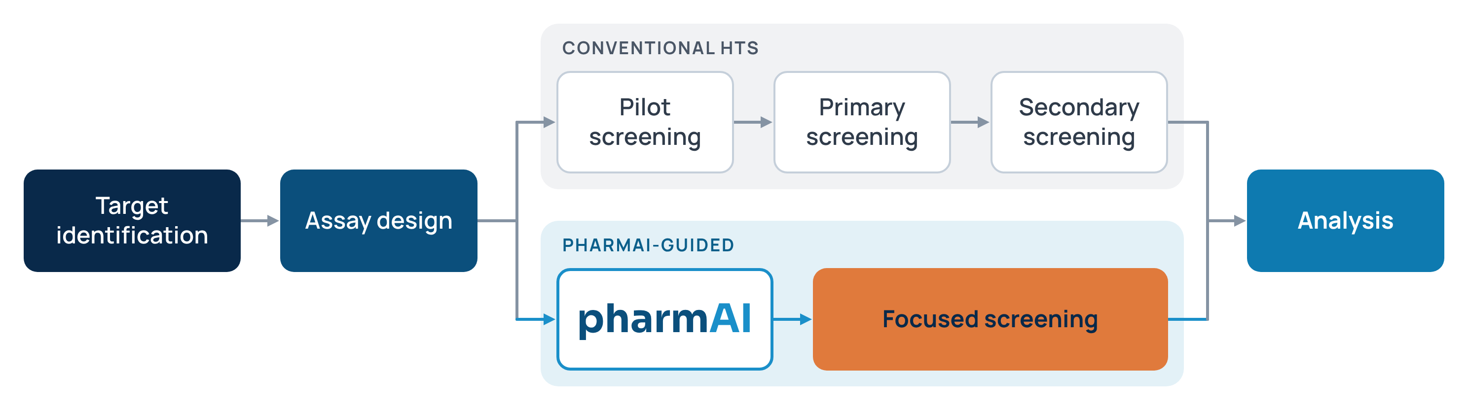 Diagram comparing HTS and Focused Screening workflow